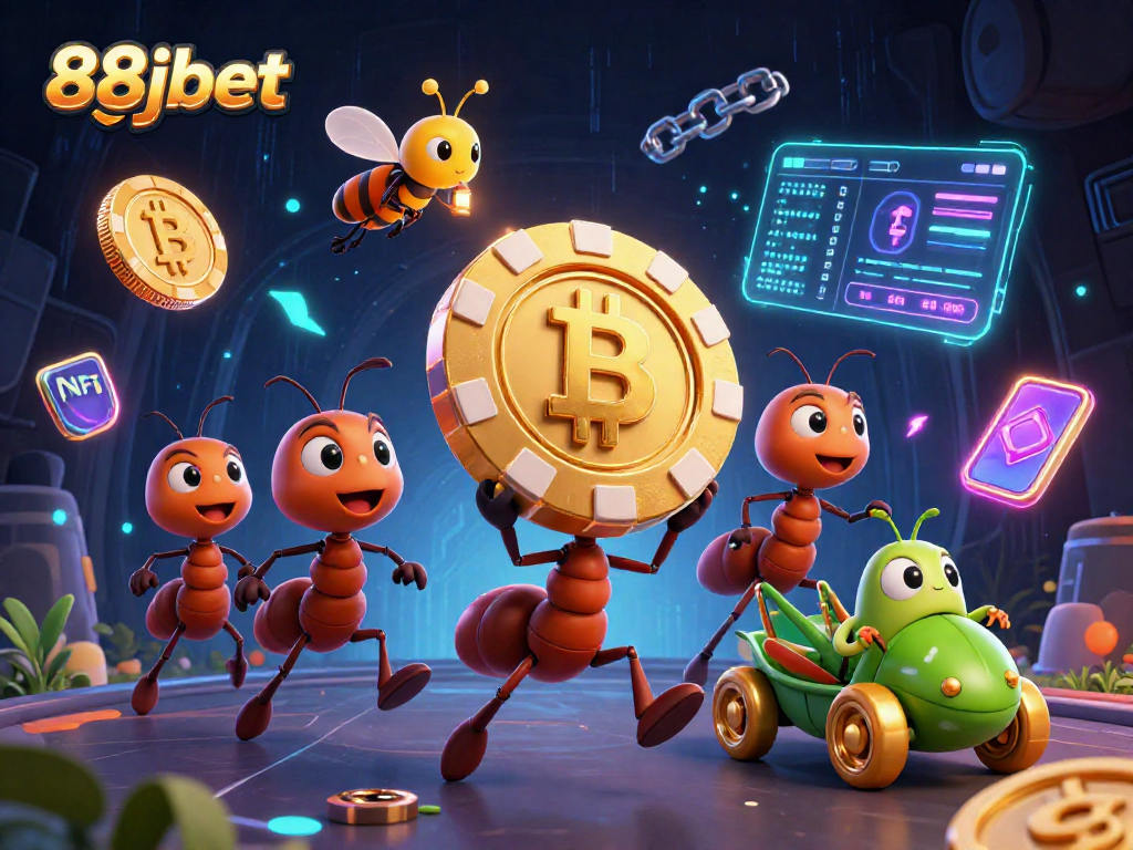 Engage with 88jbet in a thrilling heist visualization featuring ants, crypto coins, and vibrant casino elements.