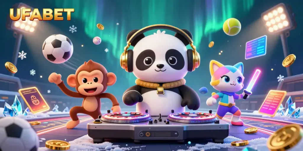 Engage in exciting gaming at UFABET with a lively illustration featuring a DJ panda, breakdancing monkey, and rave kitten.