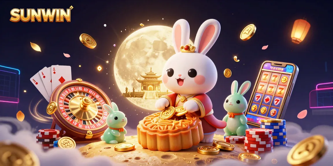 Experience the thrill of casino gaming with SUNWIN, where moon rabbits reveal hidden poker chips surrounded by vibrant game elements.