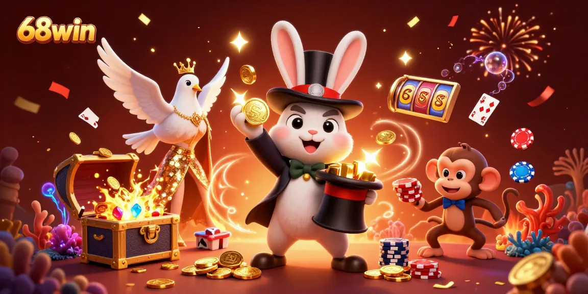 Experience the thrilling 68win magic with a magician rabbit, coins, and casino elements in a vibrant scene.