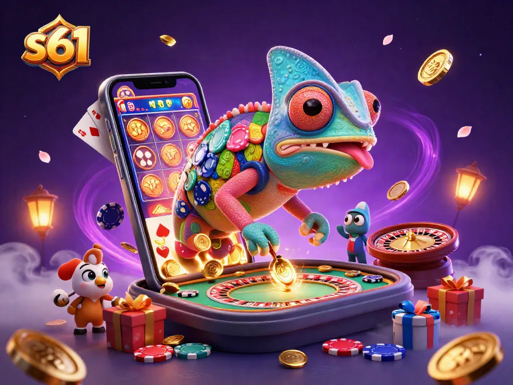 S61 online slot gaming experience with a colorful chameleon owner and gold coins