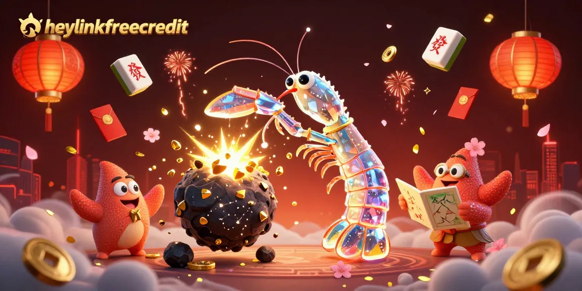 Engage with heylinkfreecredit's vibrant casino world featuring dynamic characters, golden gems, and floating game elements.