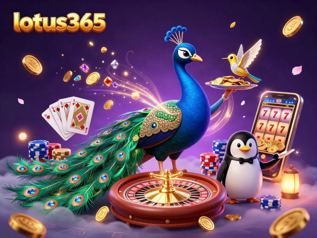 Engage in sports betting and casino games on lotus365 with vibrant peacock and penguin characters.