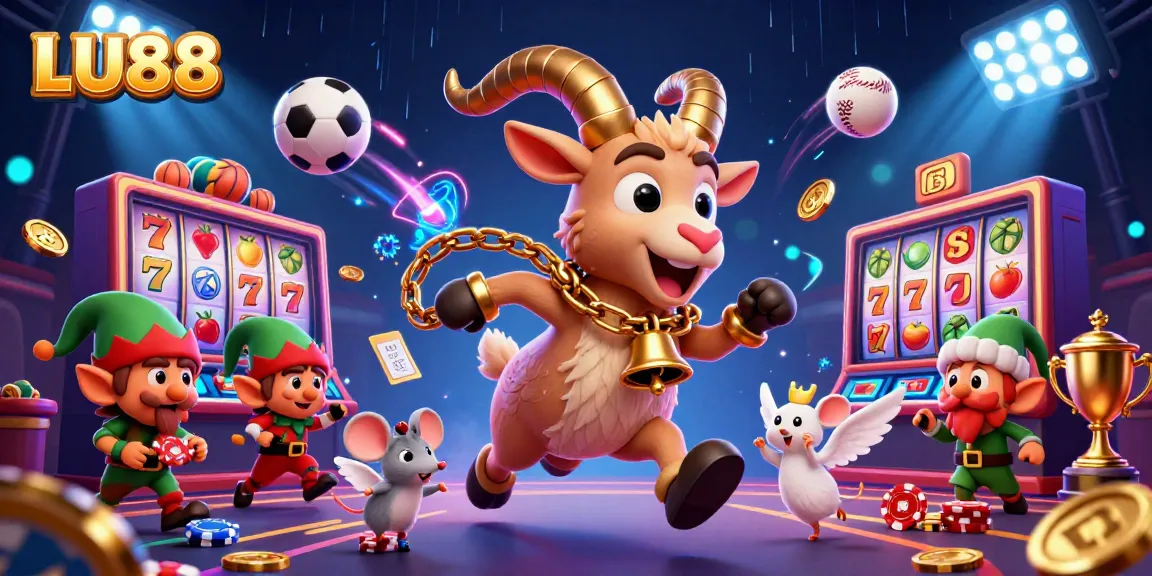 Engage in thrilling games with LU88 featuring a chaotic casino scene filled with characters and festive elements.