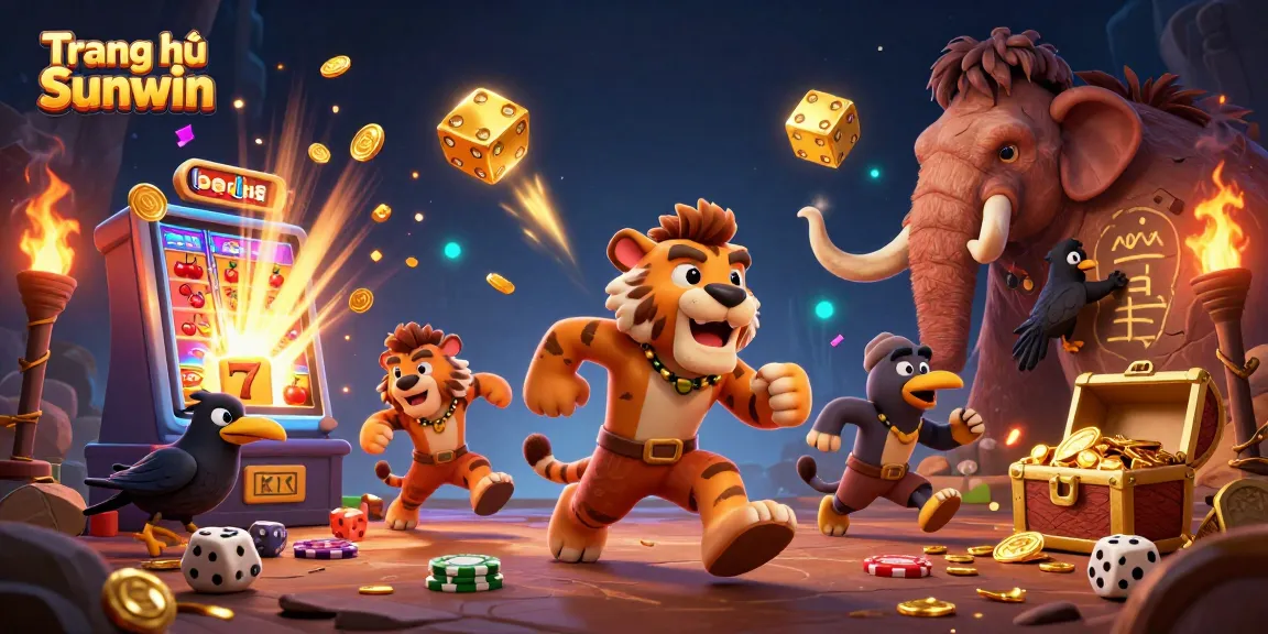 Experience excitement at Trang chủ Sunwin with a dynamic prehistoric casino scene featuring engaging characters and casino elements.