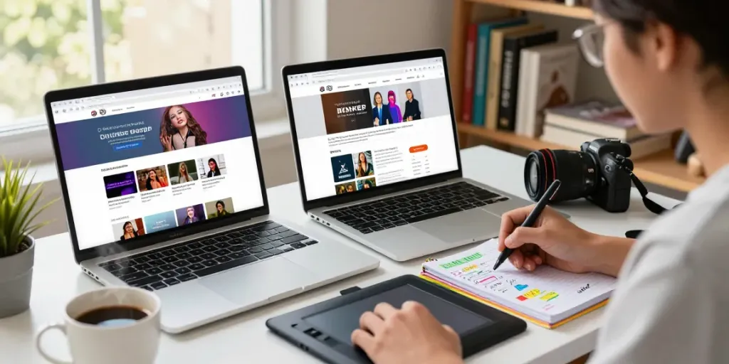 Seorang penulis konten sedang meneliti tentang bokep di ruang kerja digital yang cerah dan penuh inspirasi.