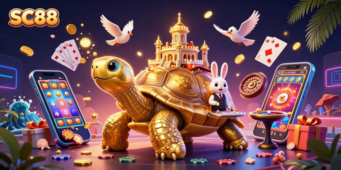 Experience thrilling gameplay at SC88 with a vibrant 3D illustration showcasing a giant tortoise casino.