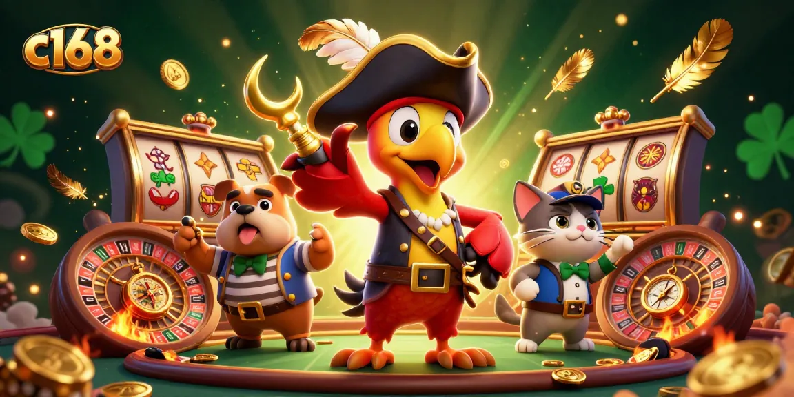 c168 pirate captain parrot directing a vibrant casino scene with slot reels and coins, showcasing fun gambling