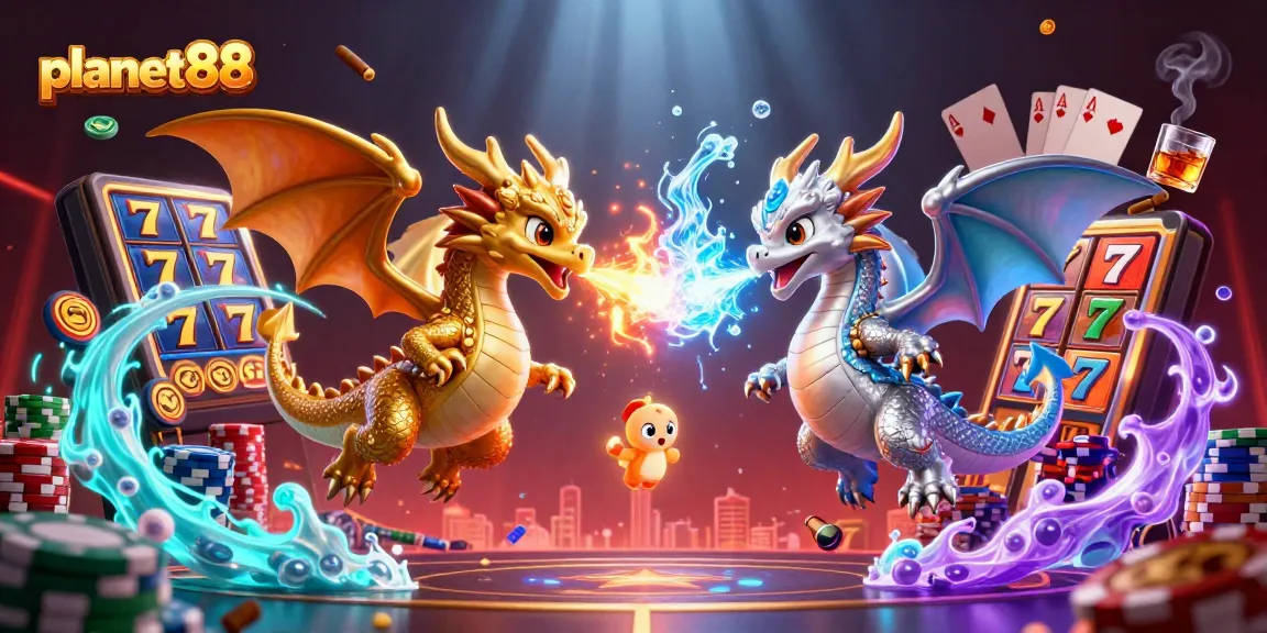 Experience thrilling action at planet88 with dynamic slot reels, fiery dragons, and vibrant poker elements.
