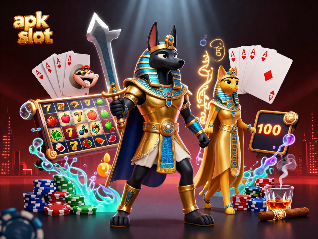 Menyambut kemenangan besar dengan apk slot di latar belakang slot bergambar 7 keberuntungan dan simbol buah.
