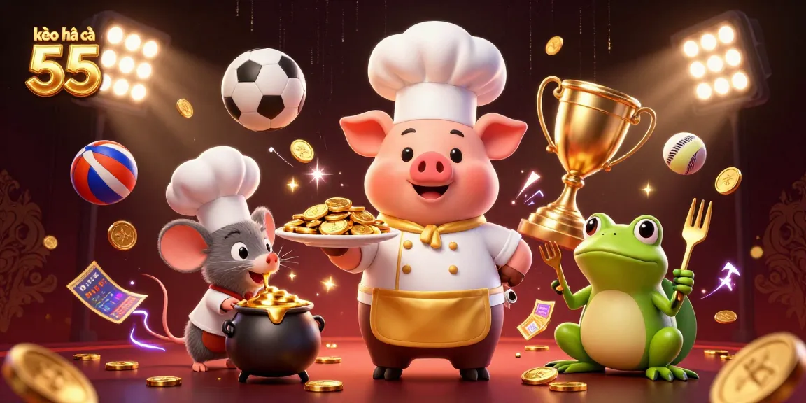 Engage with kèo nhà cái 55 as a chef pig serves gold coins amid vibrant sports betting elements.