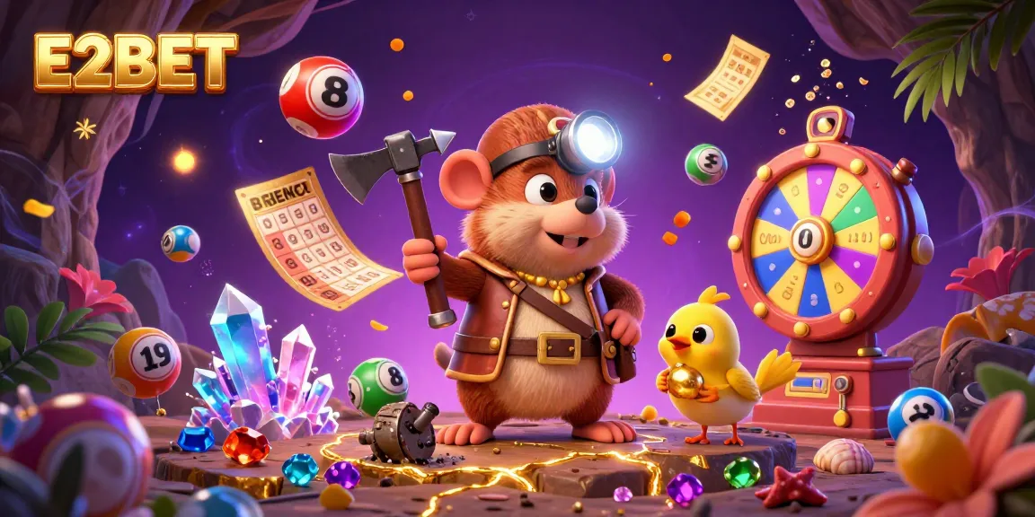 E2BET treasure hunter mole illustration with a canary in a vibrant casino-themed environment.