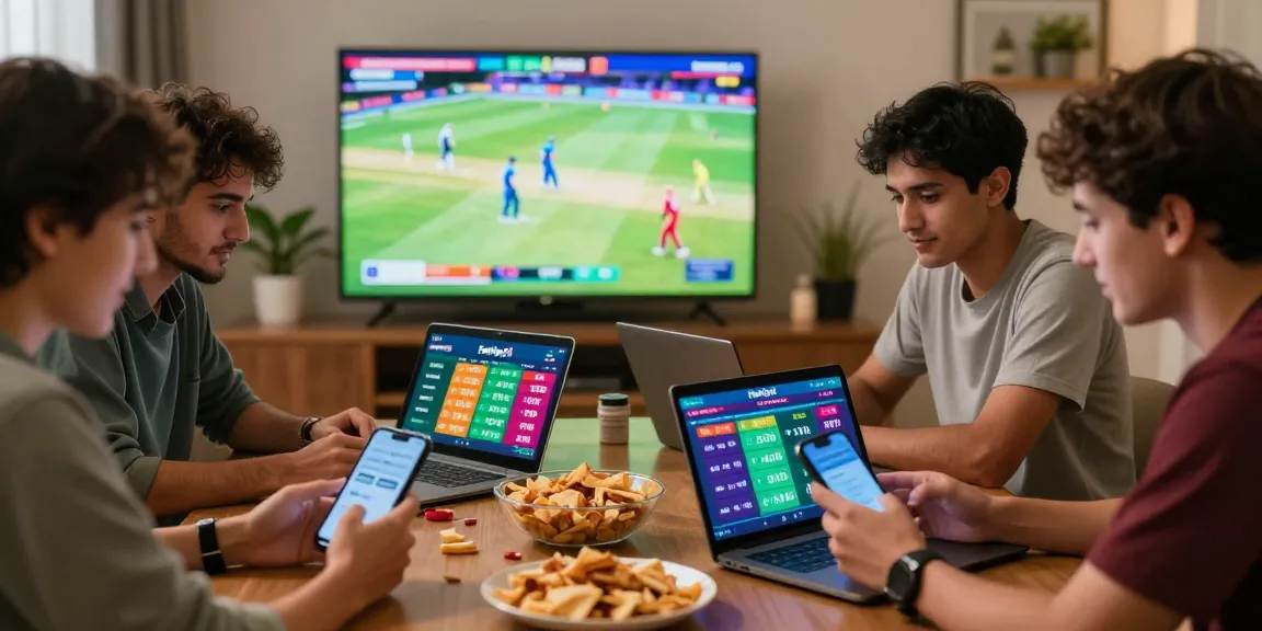 Group of friends excitedly placing bets on cricket matches using Fairplay24 platform, creating a vibrant sports betting atmosphere.