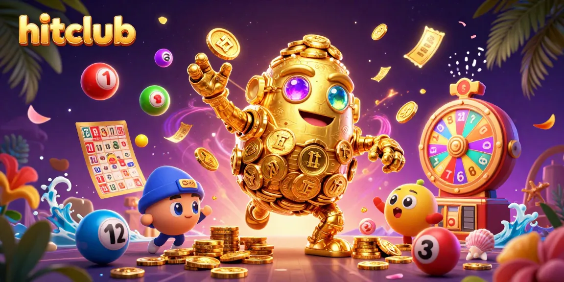 Engage with hitclub's exciting lottery games featuring vibrant scenes of colorful numbered balls and golden golem.
