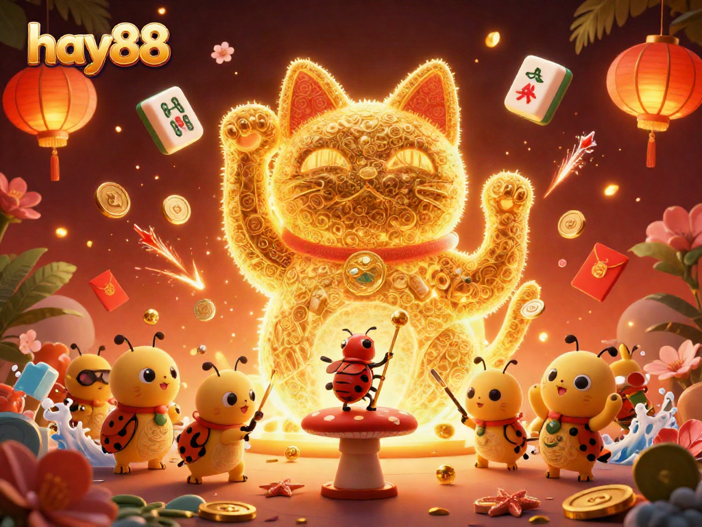 Engage with the lively hay88 casino experience through a colorful lucky cat illustration.