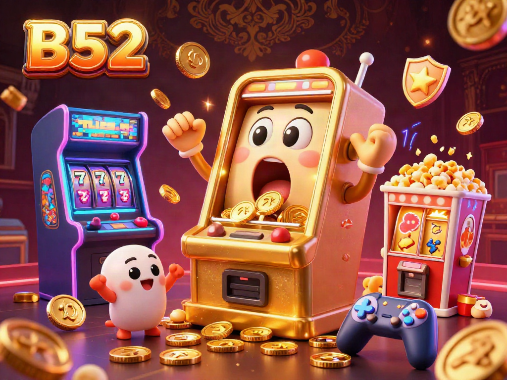 B52 slot machine hits jackpot with coins pouring out, surrounded by cheering baby slots and arcade elements.
