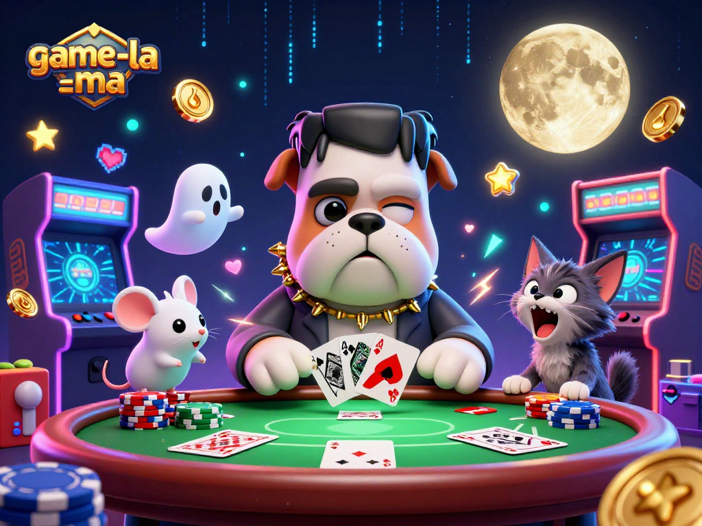 Engage with game-la-ma's lively poker scene featuring a funky bulldog monster dealing cards amidst colorful gaming elements.