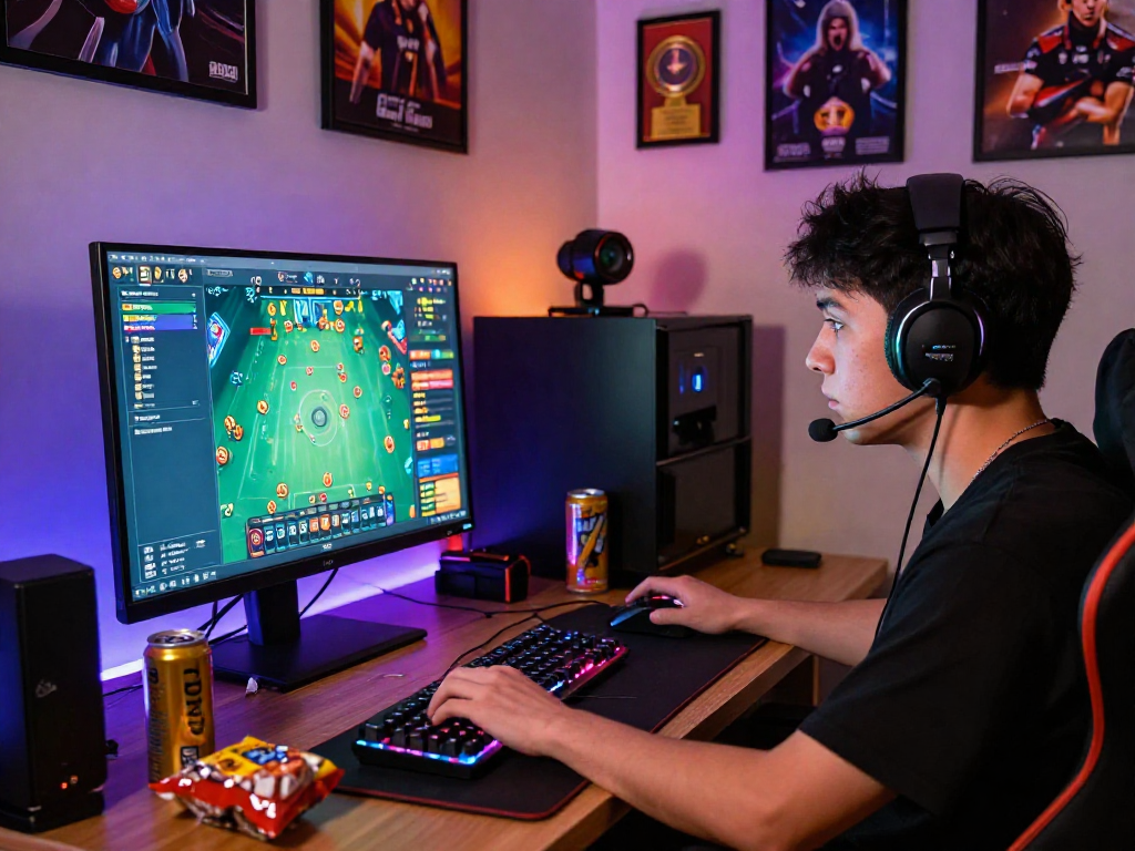 Gamer bersemangat memainkan situs toto 4d dalam ruangan gaming yang penuh warna.