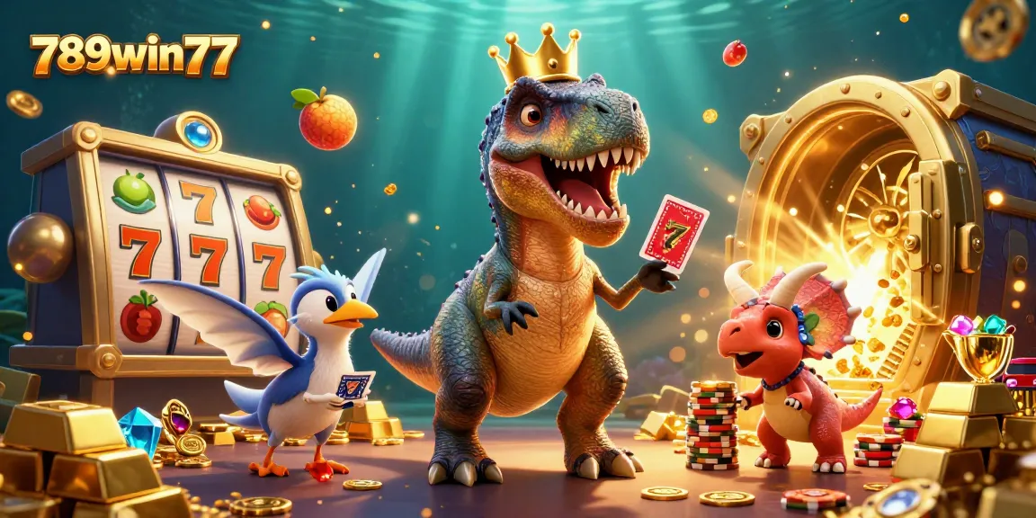 Experience thrilling wins with 789win77 as a cartoon T-Rex shuffles cards amidst gold coins and vibrant slot symbols.