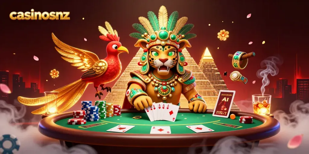 Win big at casinosnz with an engaging poker scene featuring a Mayan jaguar priest and vibrant game elements.