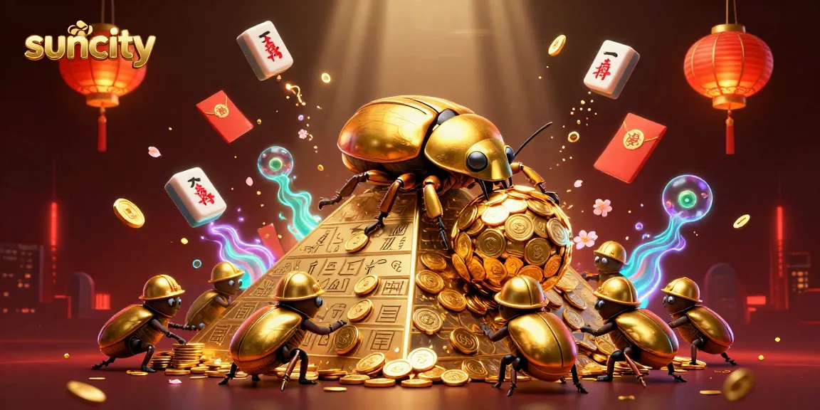 Engage with the vibrant suncity casino scene featuring cartoon beetles, golden coins, and a dynamic atmosphere.