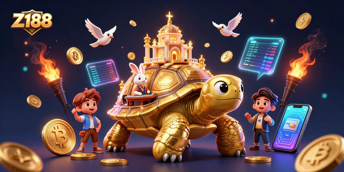 Engage with Z188's thrilling casino experience featuring a tortoise with a shimmering casino palace and winning rabbits.