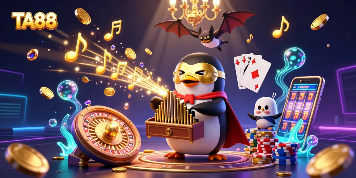TA88 casino scene with a penguin organist shooting coins, bat acrobat, and roulette wheel