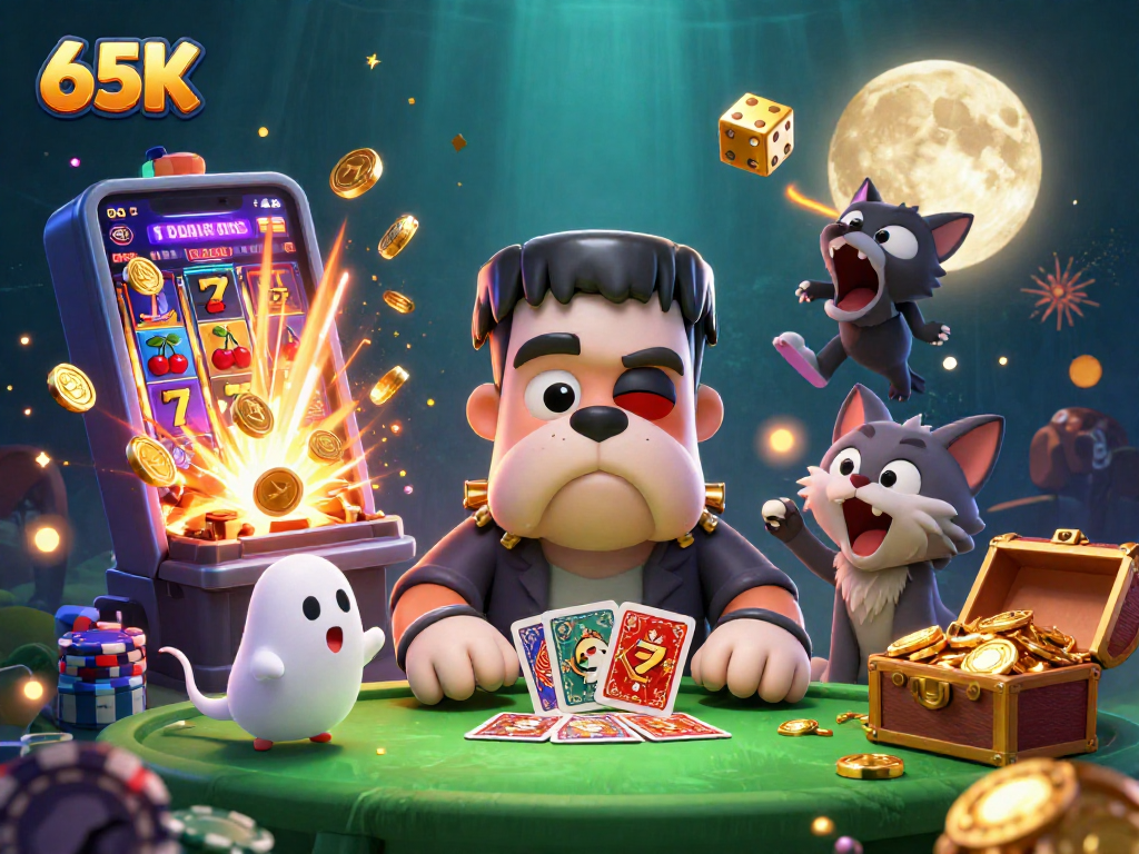 Divirta-se contando 65K enquanto o bulldog Frankenstein distribui cartas em uma mesa assustadora iluminada.