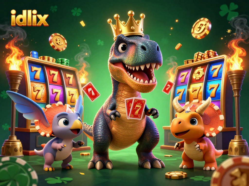 Menggunakan idlix untuk bermain di mesin slot dengan T-Rex lucu, kartu, dan chip emas, saat bersenang-senang.