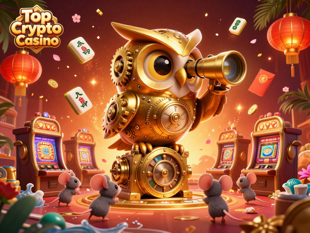 Experience the thrill at the Top Crypto Casino with vibrant cartoon characters navigating a lively gaming floor.