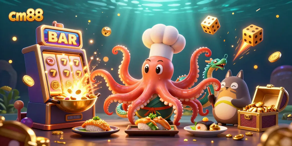 Exciting cm88 casino scene with a lively octopus chef and dragon, showcasing vibrant gambling elements.