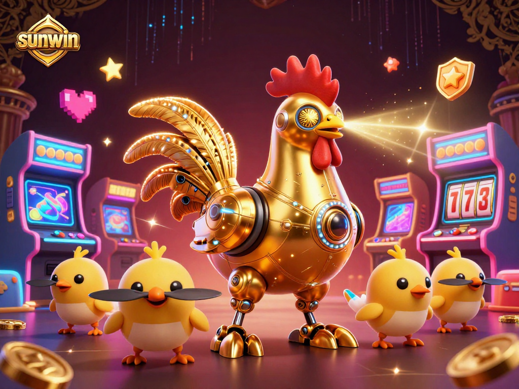 Experience the excitement of sunwin with a vibrant 3D illustration of a futuristic rooster shooting lasers amidst dynamic gaming elements.