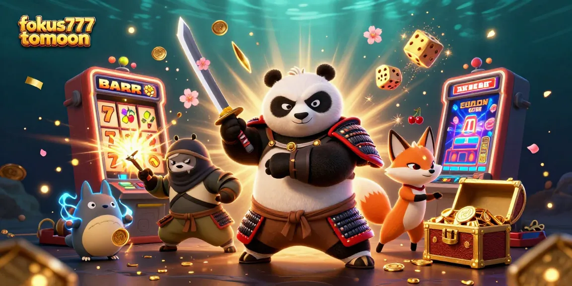 Experience thrilling wins with fokus777tomoon in this vibrant casino illustration featuring dynamic characters and rewards.