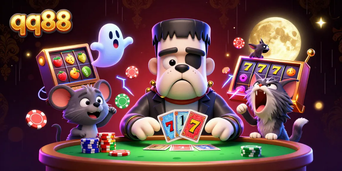 Engage with qq88 slots as a playful Frankenstein bulldog deals cards at a vibrant casino table.