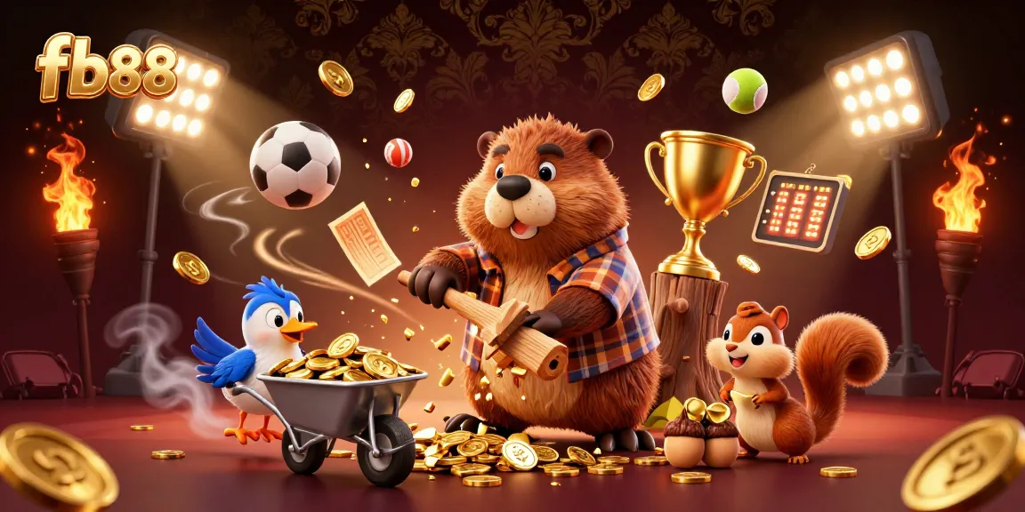 Engage with fb88 as the beaver collects golden coins while gambling in a vibrant casino atmosphere.