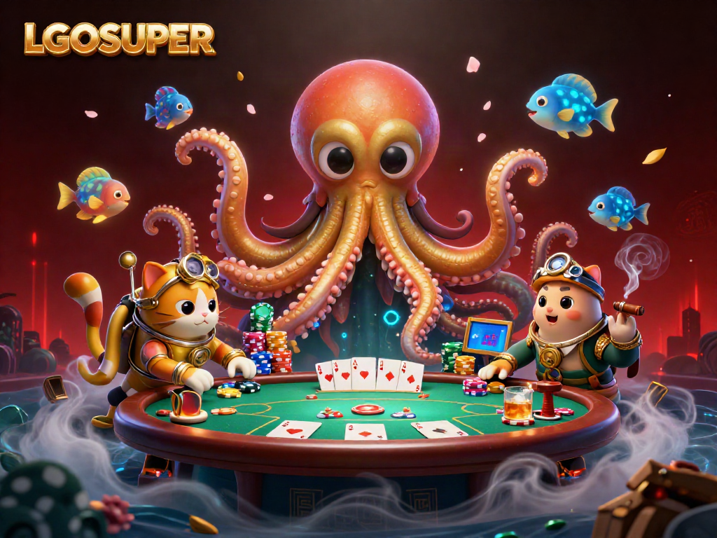 Experience thrilling gameplay at LGOSUPER with a festive underwater scene featuring a kraken, diving cat, and poker elements.