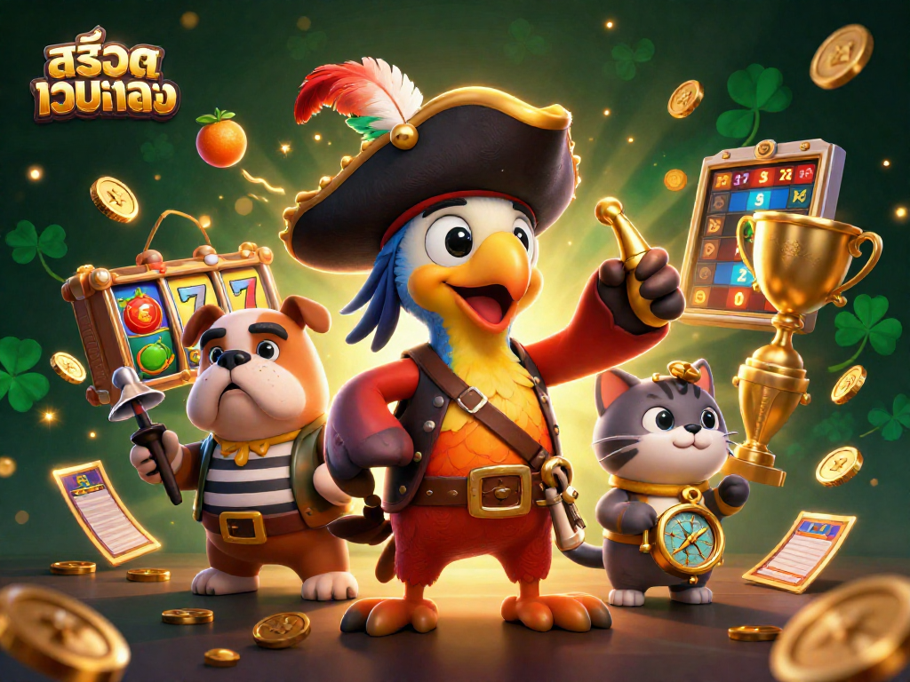 Engage in thrilling gameplay with สล็อตเว็บตรง featuring a lively 3D cartoon pirate and friends amidst dynamic slot machine elements.