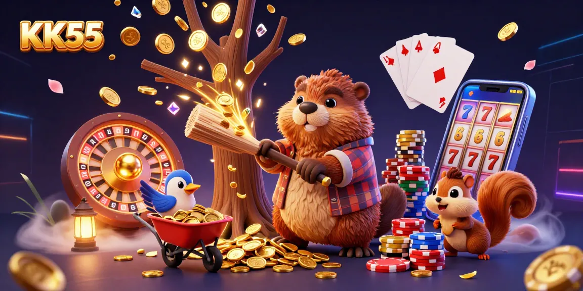 Engage with KK55, where a cartoon beaver wins golden coins in a vibrant casino scene.