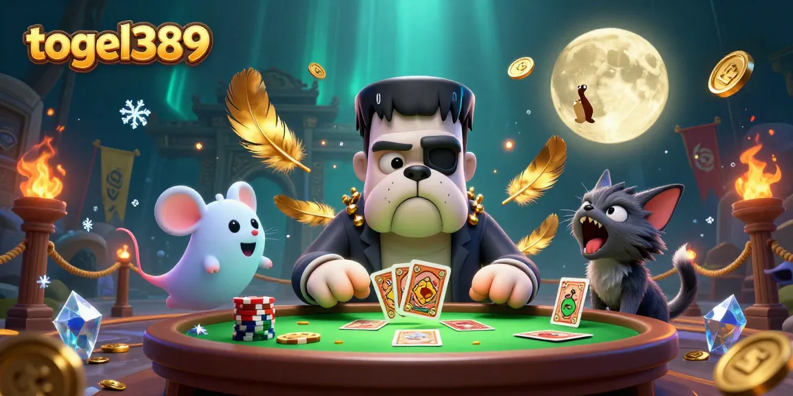 Experience the excitement of togel389 with a dynamic 3D illustration featuring playful casino characters and elements.