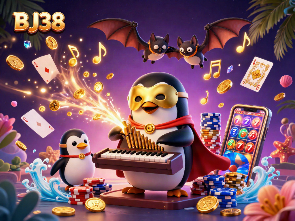 BJ38 casino scene featuring a phantom penguin and golden musical notes amidst coins and cards.