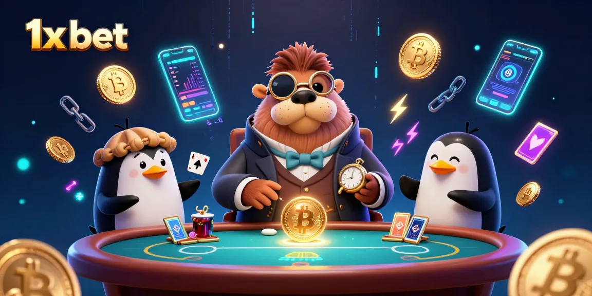 Engage with 1x bet as characters play poker at an underwater casino themed with cryptocurrency elements.
