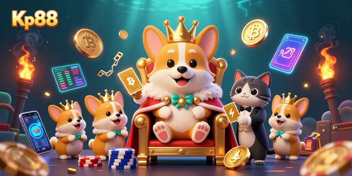 Experience Kp88 with a royal corgi gambling among coins and cards in a vibrant casino scene.