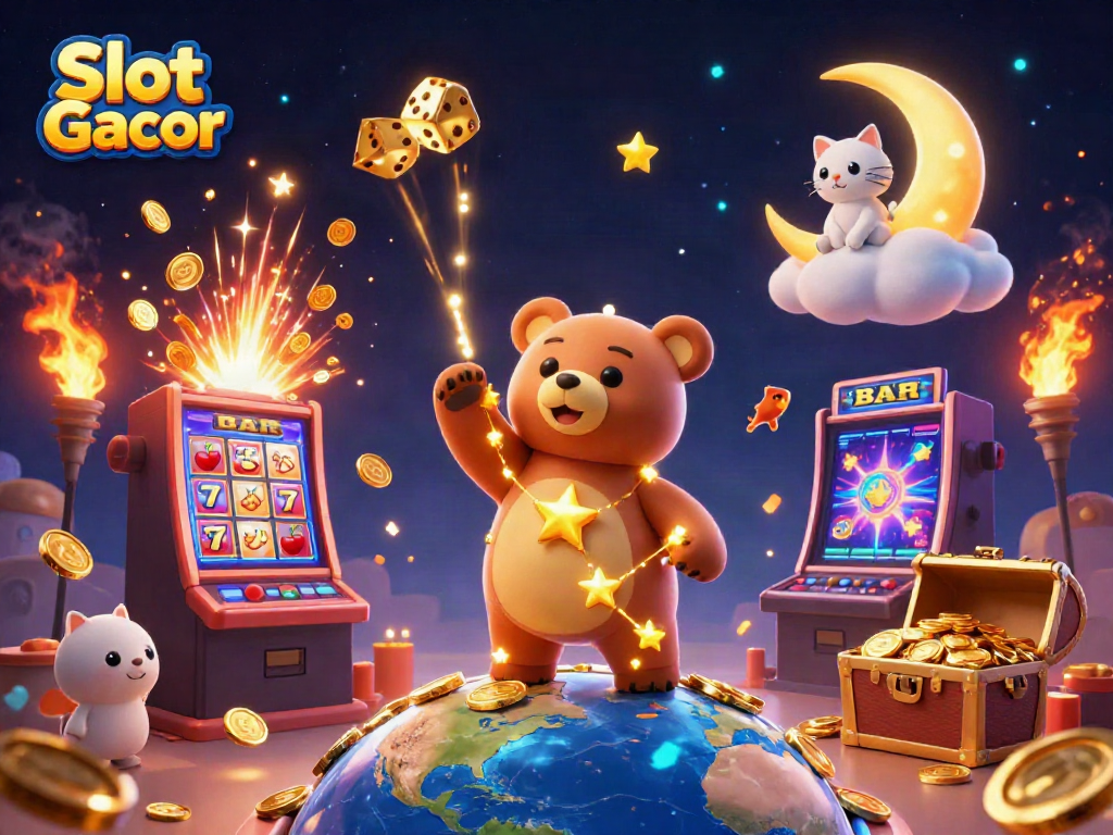 Join Slot Gacor excitement as constellation bear scoops coins in a vivid casino illustration.