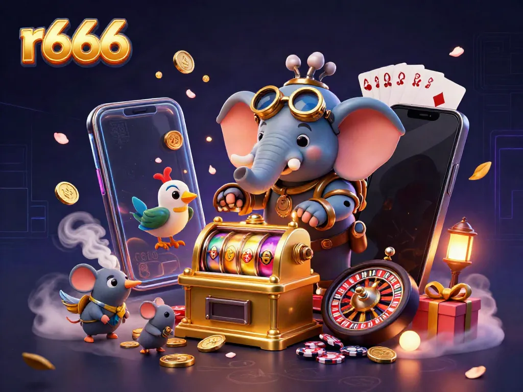 Experience the excitement of r666 with a steampunk elephant engaging in vibrant slot gameplay.