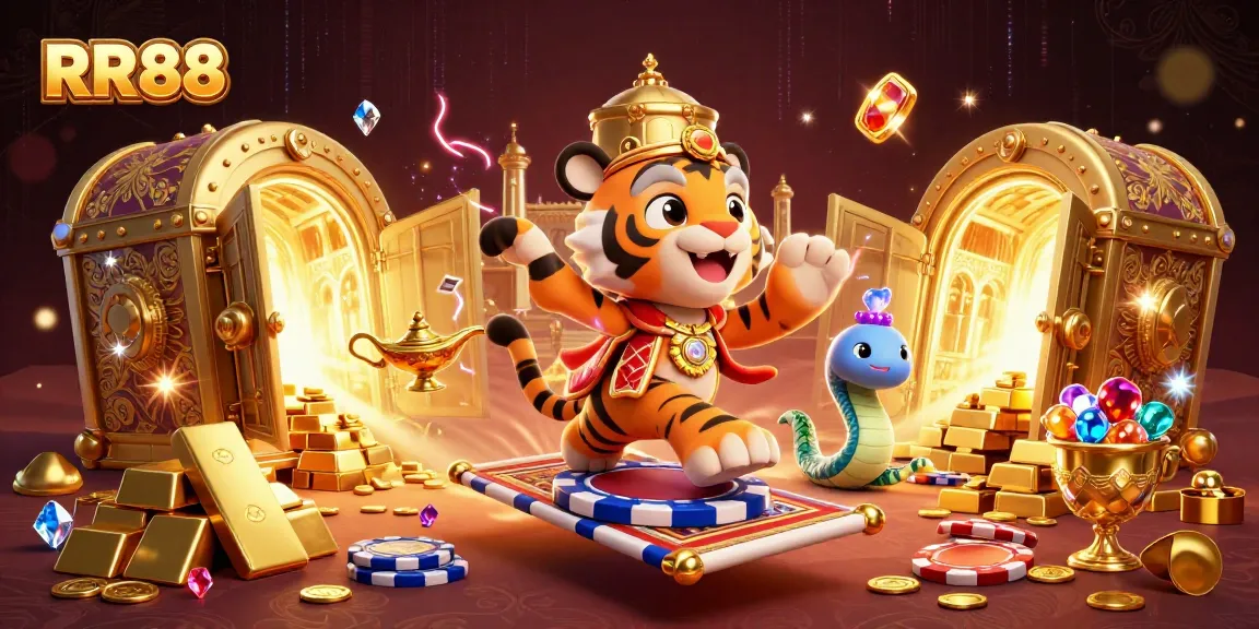 Engage in thrilling gaming at RR88 with a vibrant casino scene featuring treasures and classic elements.
