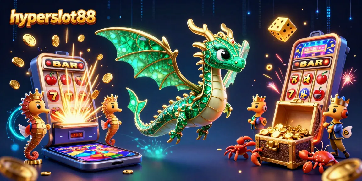Experience thrilling wins with hyperslot88 in this dynamic 3D casino illustration featuring a dragon and jackpots.