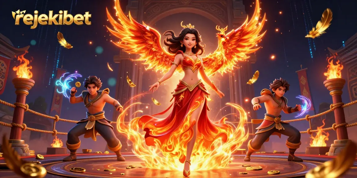 Experience thrilling gameplay on rejekibet with a stunning illustration of an Asian woman and a fire phoenix in a vibrant casino setting.
