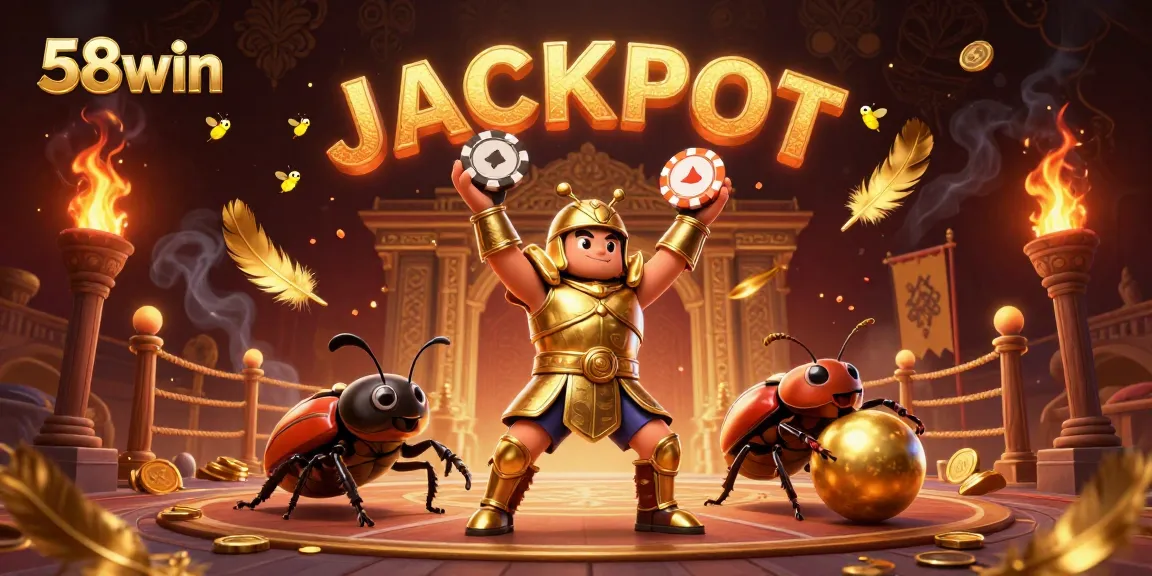58win showcases a triumphant hercules beetle lifting a poker chip, celebrating wins in a vibrant casino atmosphere.