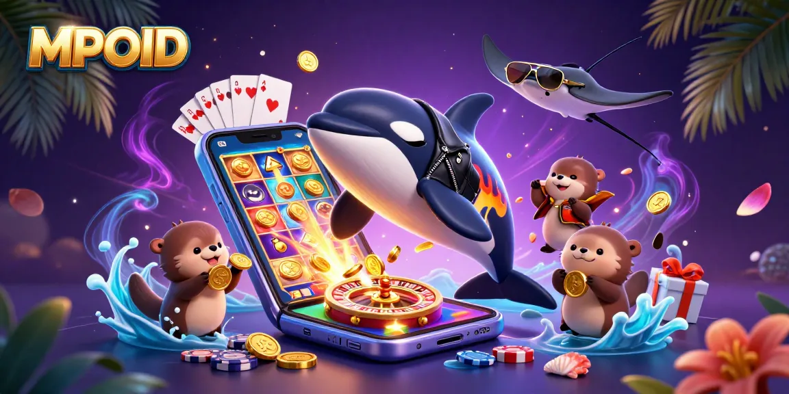 MPOID showcases a thrilling 3D scene with characters like orca and sea otters surrounded by vibrant casino elements.