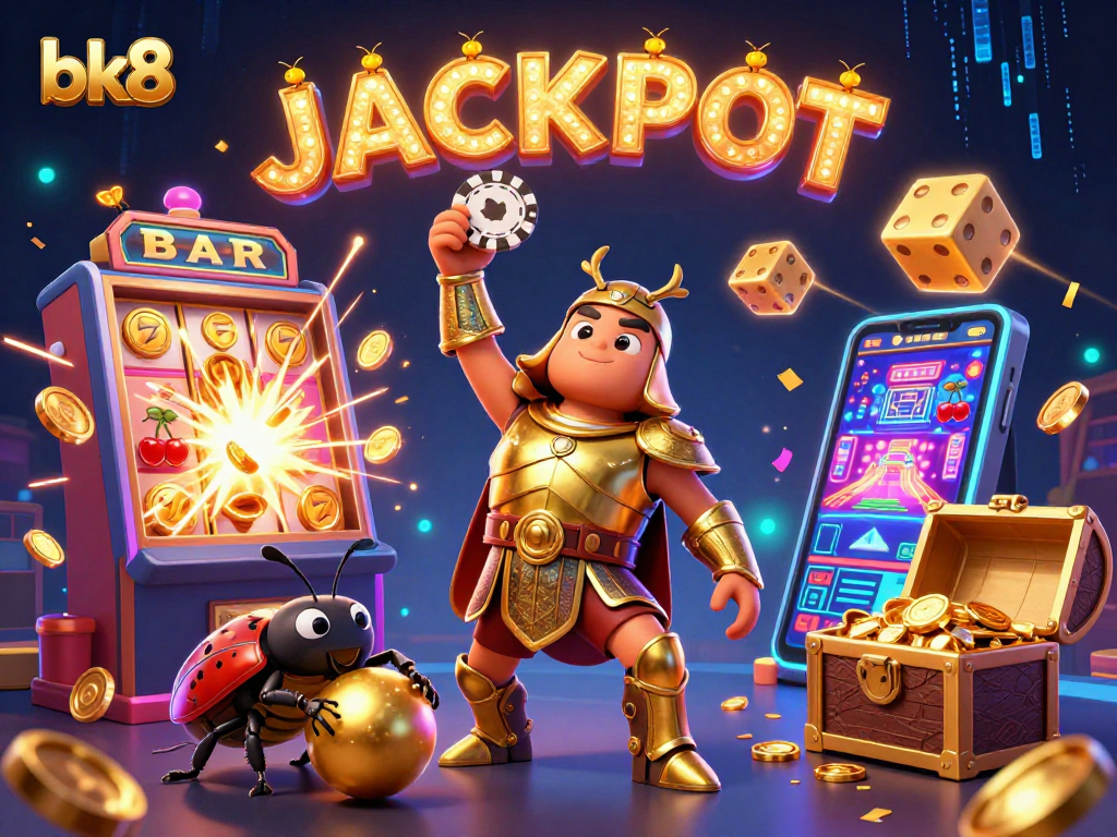 Experience thrilling bk8 moments with a hercules beetle winning jackpots in a vibrant casino scene.